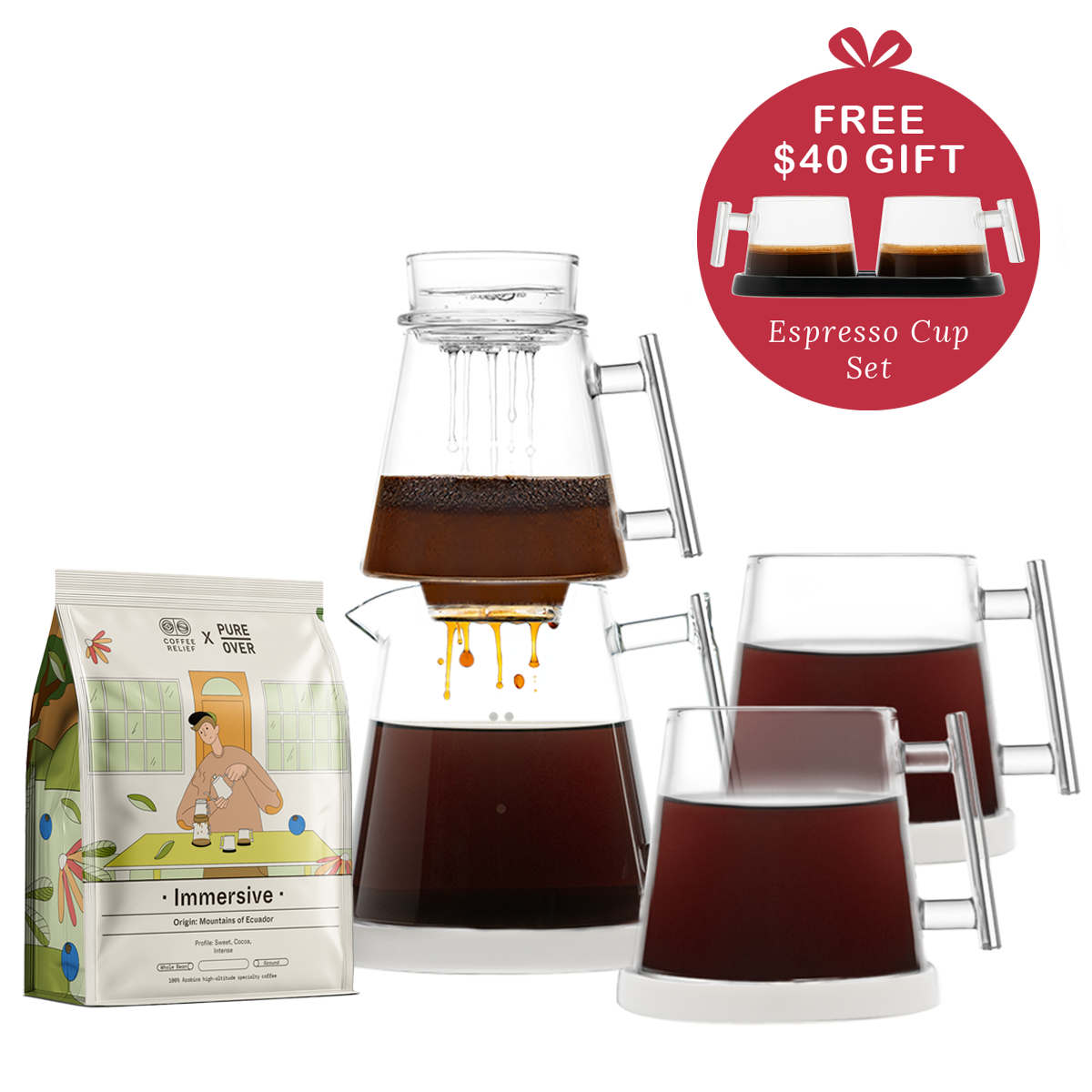 Pure Over Signature Brew Kit 2 mug gift set with white base including specialty coffee and free espresso cup set all-glass pour over coffee maker