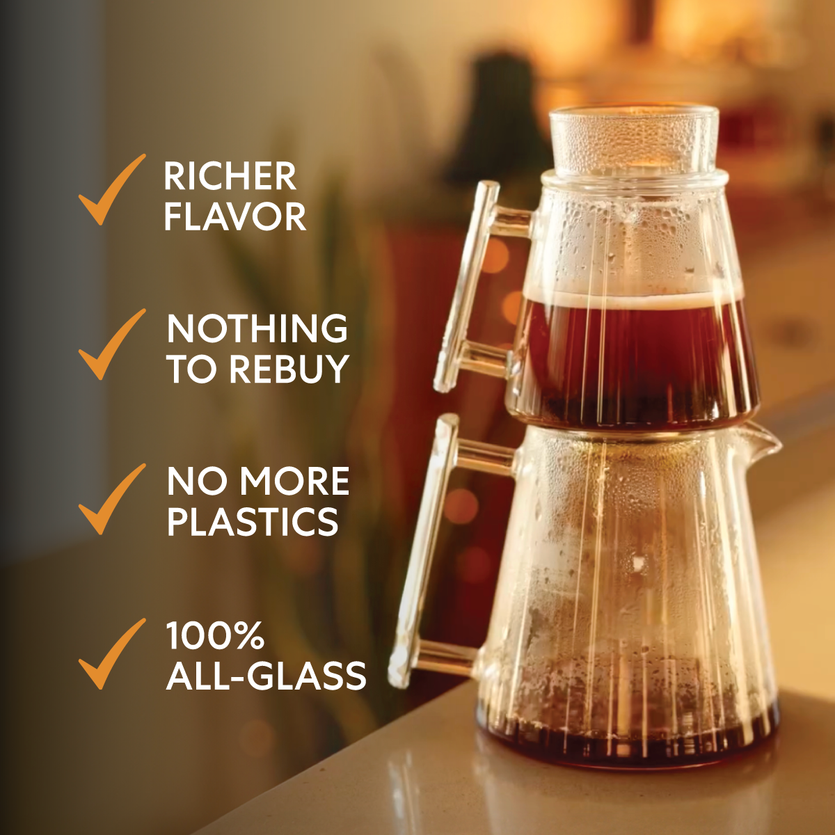Pure Over Signature Brew Kit all-glass coffee maker highlighting no plastic, no paper filters, and rich flavor brewing
