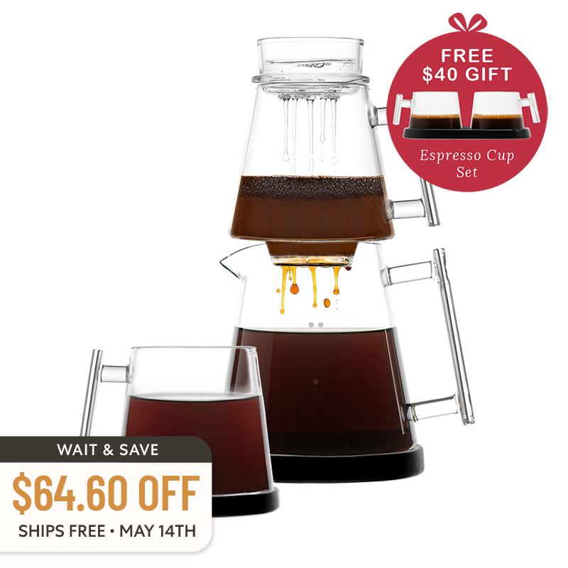 Pure Over Signature Brew Kit with black base and single glass mug bundle including free espresso cup set all-glass pour over coffee maker with wait and save discount offer