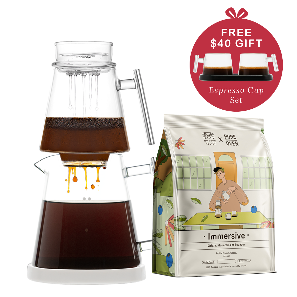 Pure Over Signature Brew Kit bundle with white base including specialty coffee and free espresso cup set all-glass pour over coffee maker