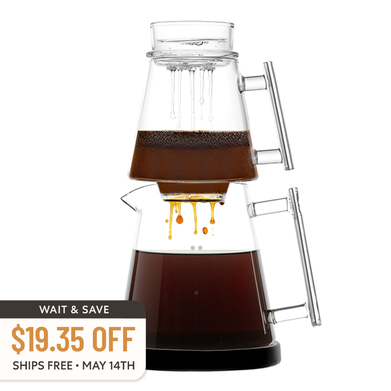 Pure Over Signature Brew Kit all-glass pour over coffee maker front view with dripper and mug showing wait and save offer with free shipping