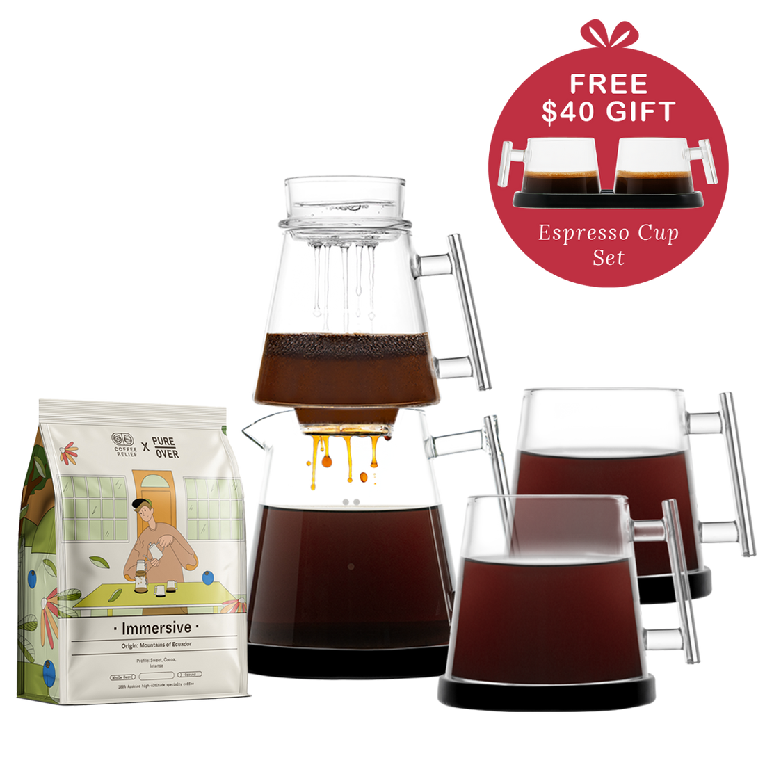 Pure Over Signature Brew Kit 2 mug gift set with black base including specialty coffee and free espresso cup set all-glass pour over coffee maker