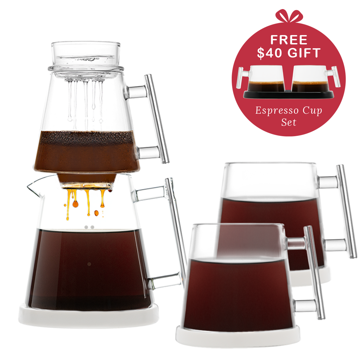Pure Over Signature Brew Kit 2 mug gift set with white base including specialty coffee and free espresso cup set all-glass pour over coffee maker
