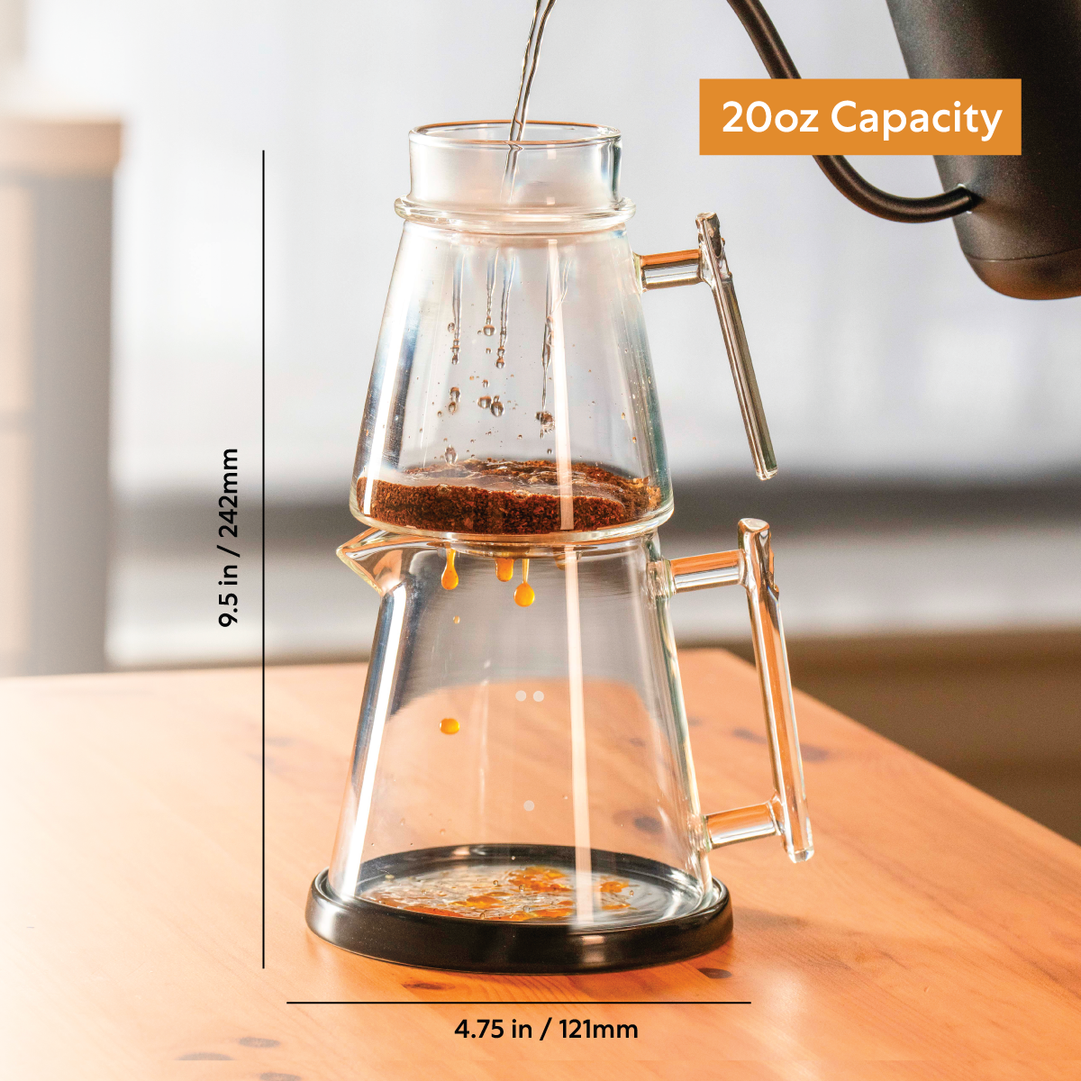 Pure Over Signature Brew Kit all-glass pour over coffee maker brewing coffee with 20 oz capacity and product dimensions shown