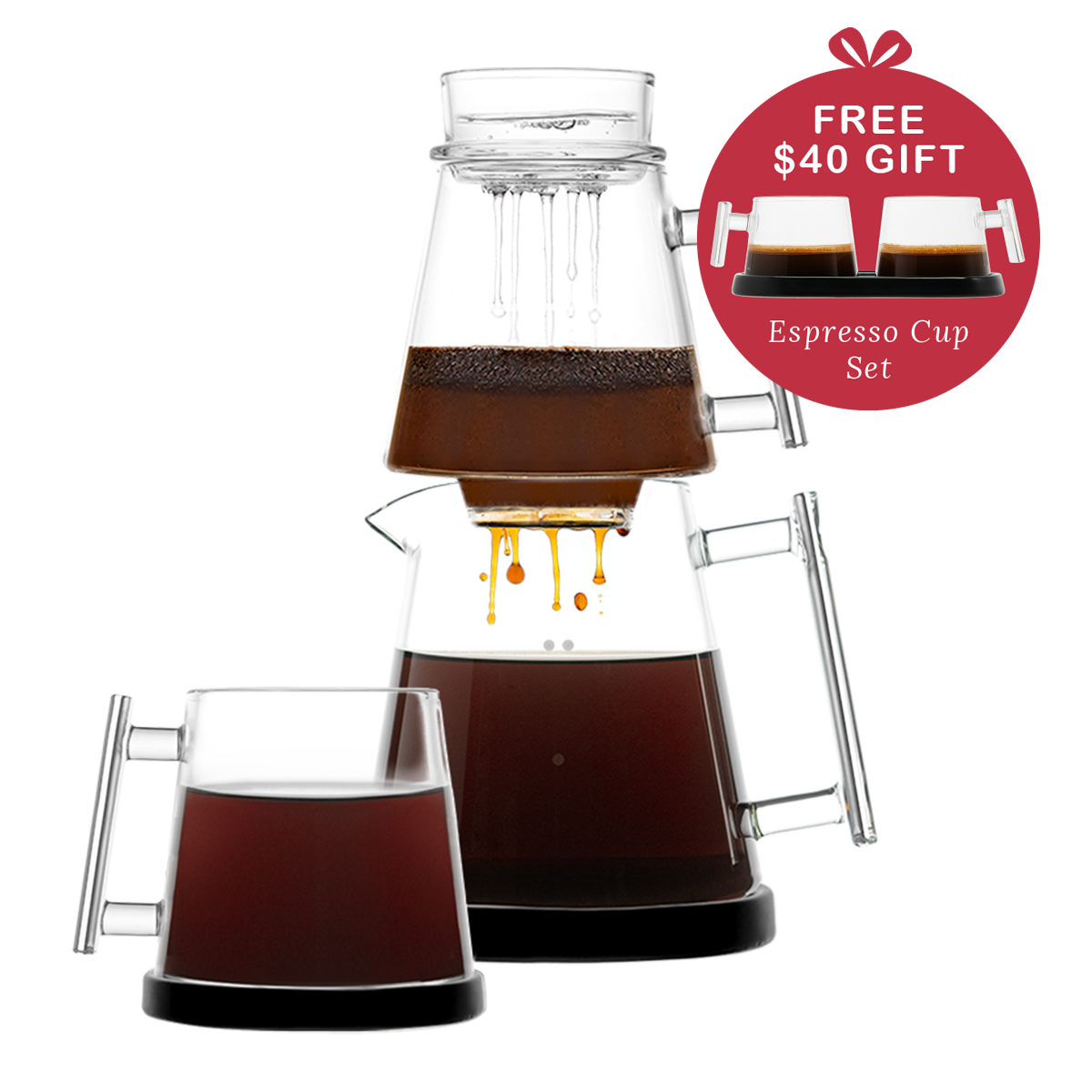 Pure Over Signature Brew Kit with black base and single glass mug bundle including espresso cup set free gift