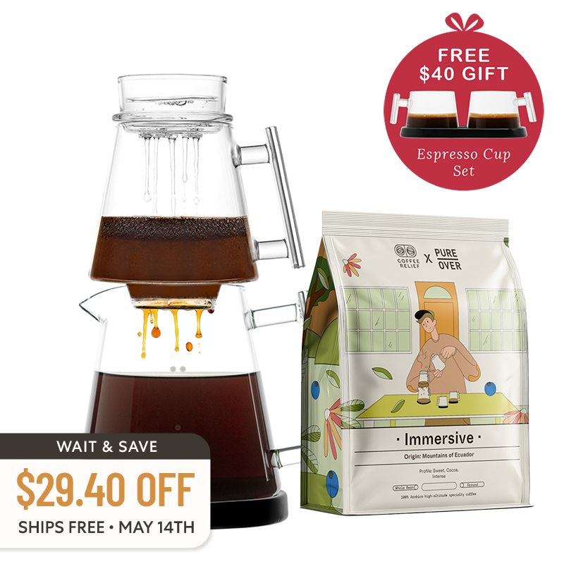 Pure Over Signature Brew Kit bundle with black base including specialty coffee and free espresso cup set all-glass pour over coffee maker with wait and save discount offer