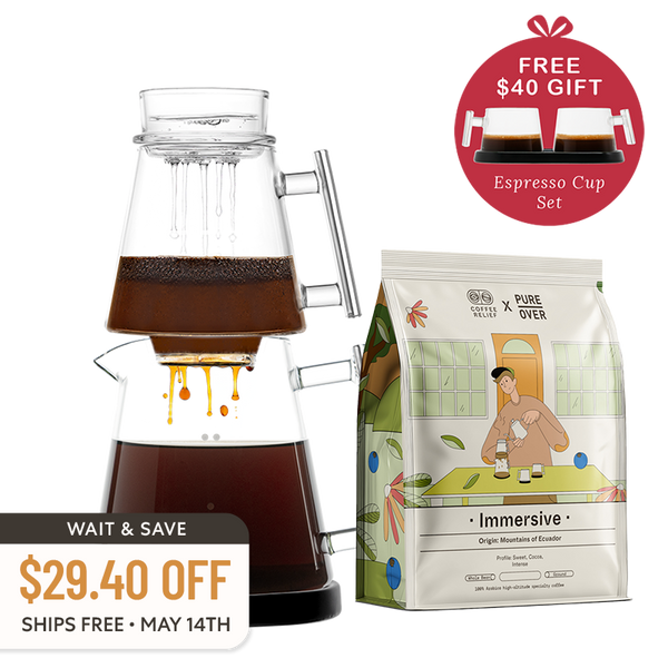 Pure Over Signature Brew Kit bundle with black base including specialty coffee and free espresso cup set all-glass pour over coffee maker with wait and save discount offer