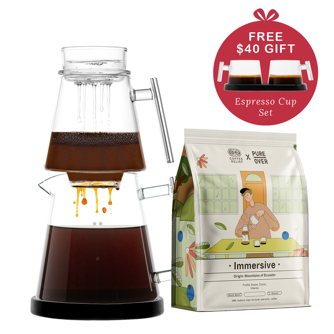 Pure Over Signature Brew Kit bundle with black base including specialty coffee and free espresso cup set all-glass pour over coffee maker