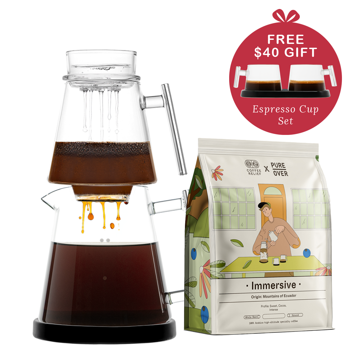 Pure Over Signature Brew Kit bundle with black base including specialty coffee and free espresso cup set all-glass pour over coffee maker