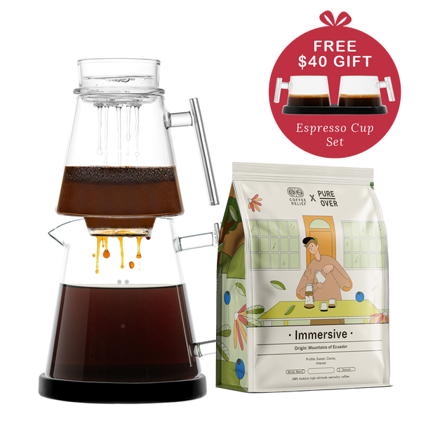 Pure Over Signature Brew Kit bundle with black base including specialty coffee and free espresso cup set all-glass pour over coffee maker