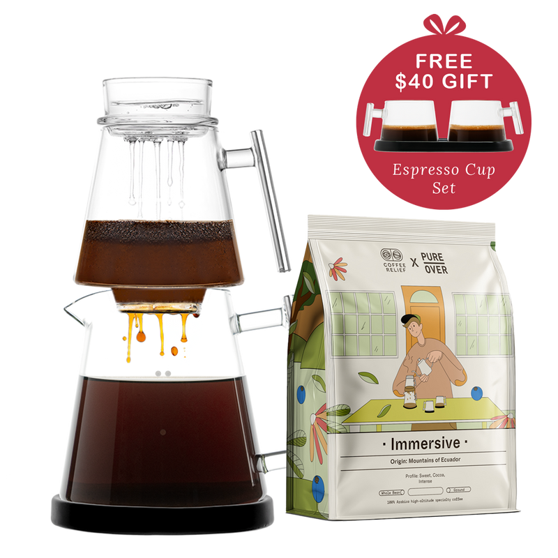 Pure Over Signature Brew Kit bundle with black base including specialty coffee and free espresso cup set all-glass pour over coffee maker