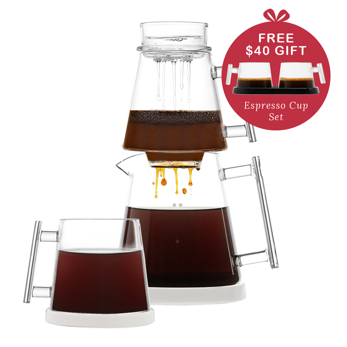 Pure Over Signature Brew Kit with white base and single glass mug bundle including espresso cup set free gift