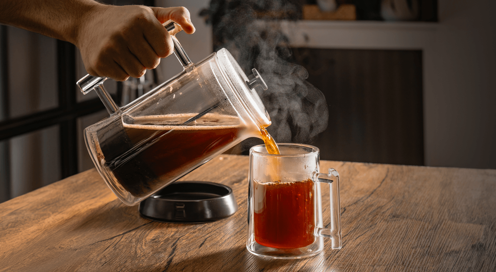 Pure Over double wall glass French press coffee maker brewing full bodied coffee with clean materials and no plastic