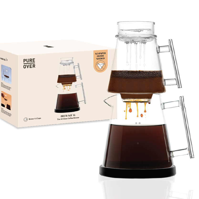 Pure Over Signature Brew Kit packaging box showing all-glass pour over coffee maker and product details