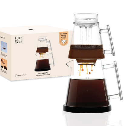 Pure Over Signature Brew Kit packaging box showing all-glass pour over coffee maker and product details